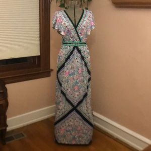 Multi color Engineered Print wrap neckline Maxi dress